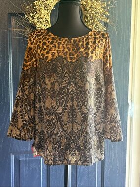 Ann Taylor Leopard & Lace-Effect Tunic Top - silky feel Polyester size Small